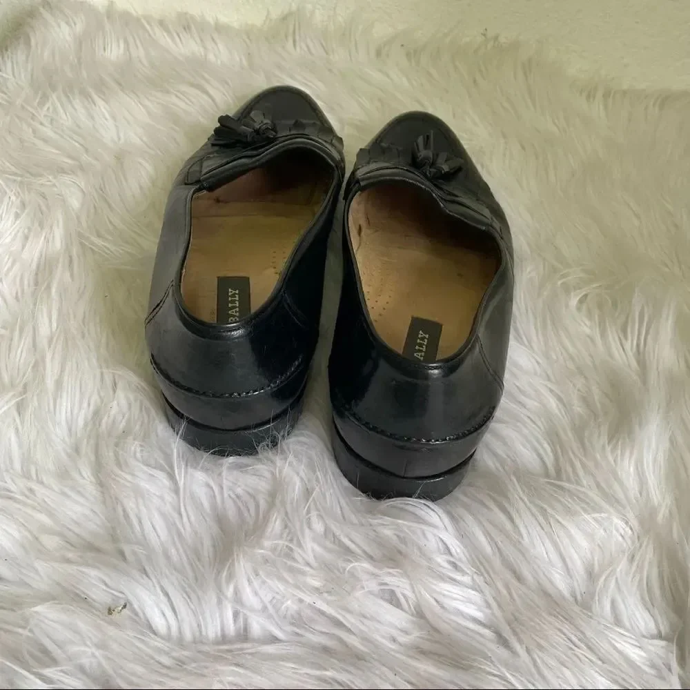 Bally Black Leather Slip On Kiltie Loafers Dress Shoes 10